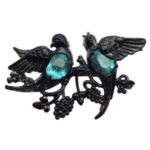 Lovebirds Aqua Belly Brooch Early Plastic Bird Pin Black Grapes Vtg Sweetheart